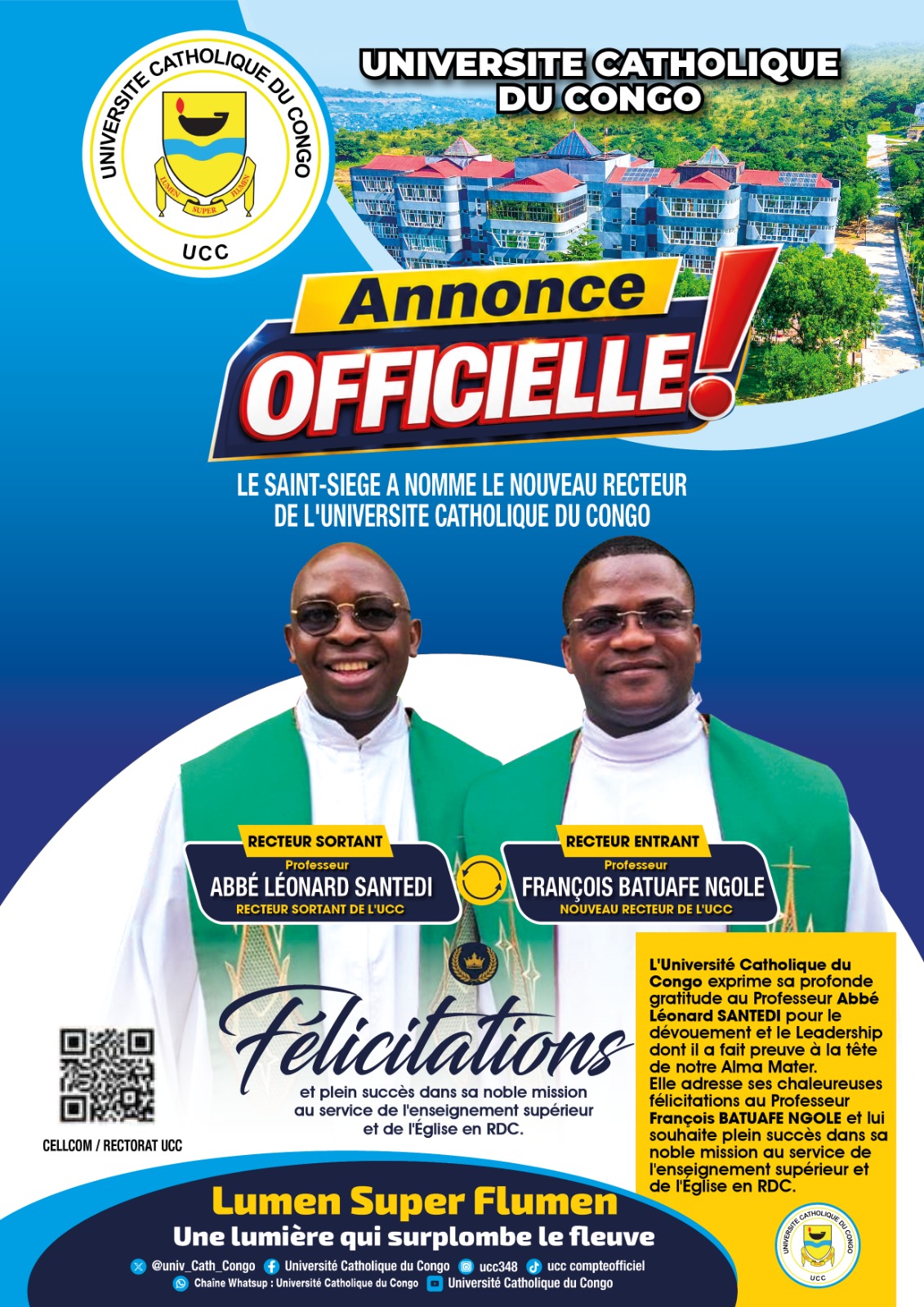 Annonce Officielle de la Nomination du nouveau Recteur de l’Université Catholique du Congo